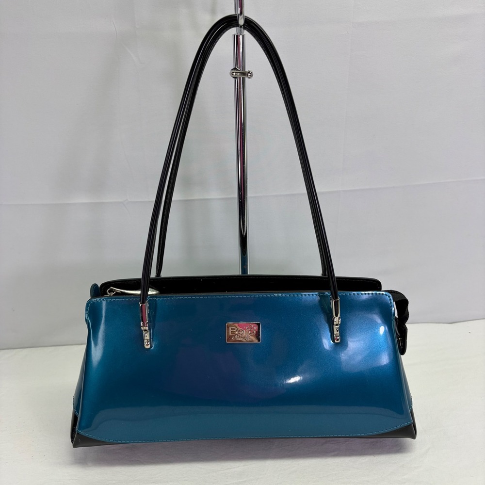 Y2K Beijo Baguette Shoulder Bag Womens Medium Teal Blue Patent Faux Leather Chic
